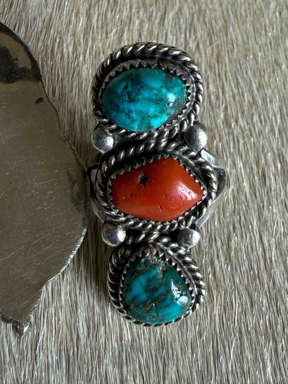 Turquoise & Coral Inlay Dangle Earrings and Ring Set - Picture 7 of 9